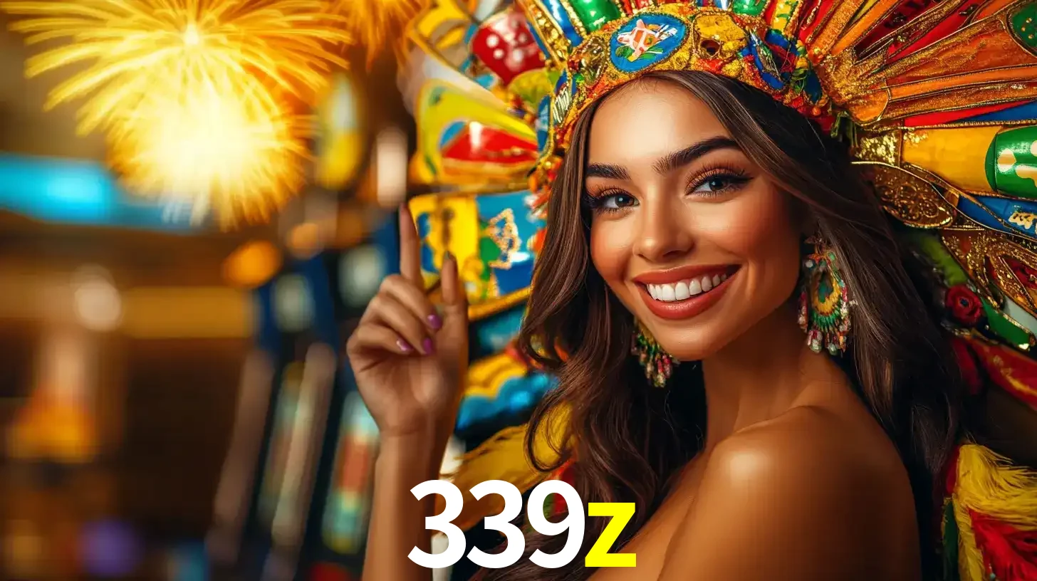 Mulher sorridente com um cocar de carnaval vibrante e colorido, celebrando uma grande vitória nos jogos do cassino 339z com fogos de artifício ao fundo.