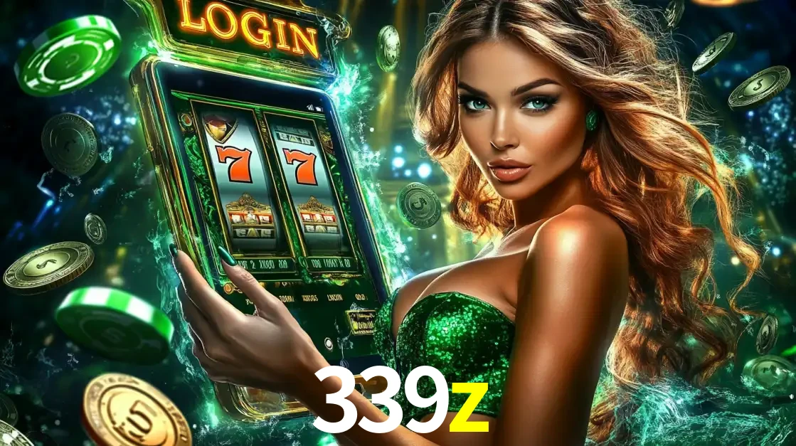 Mulher com tema verde apresentando o aplicativo do cassino 339z com um jogo de slot de 777, cercada por fichas de cassino e uma aura de sorte.