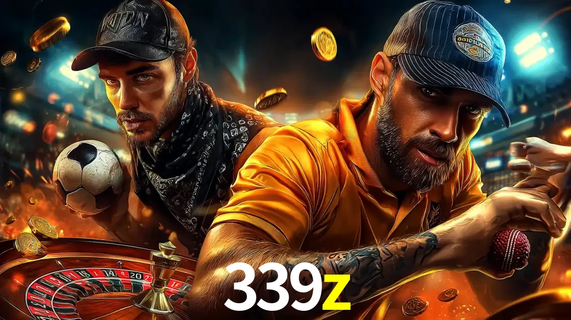 Montagem de apostas esportivas e cassino no 339z, com um homem segurando uma bola de futebol e outro uma de beisebol sobre uma roleta e moedas voadoras.