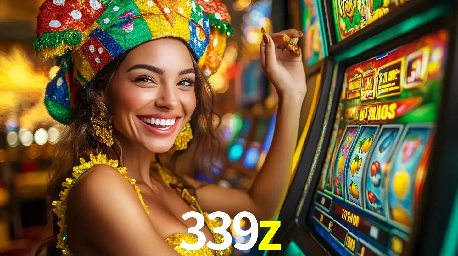 Mulher feliz com traje de carnaval amarelo e colorido ao lado de uma máquina de caça-níqueis, aproveitando a diversão e os jogos temáticos do cassino 339z.